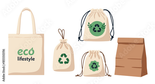A set of eco-friendly and reusable bags, including a canvas tote, drawstring pouches, and a paper bag for sustainable shopping.