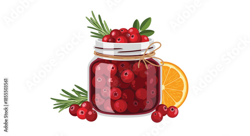 A glass jar of homemade cranberry sauce, garnished with fresh rosemary, cranberries, and a slice of orange on the side.