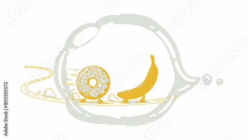 Stylized illustration of a banana and donut in a magnifying glass.