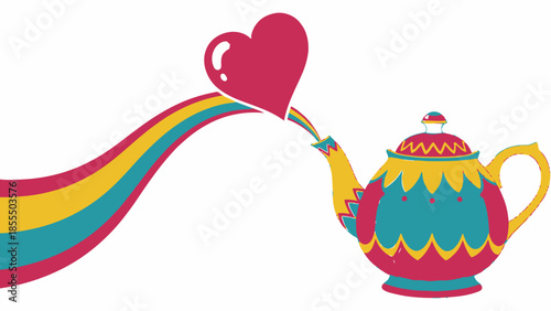 Colorful teapot pouring heart-shaped steam in vibrant hues.