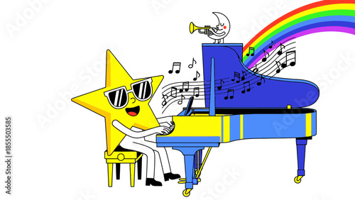 A cartoon star playing a grand piano with a rainbow emerging from it.