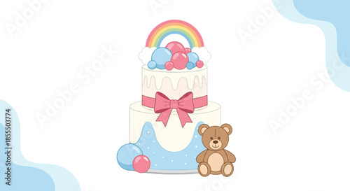 A cute two-tiered birthday or baby shower cake decorated with a rainbow, balloons, a pink bow, and a little teddy bear.