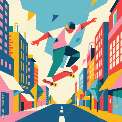 Illustration Of Skateboarder Jumping On City, Buildings And Roads Vector Design Template