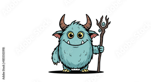 A cute and friendly blue furry monster with horns and big eyes, smiling while holding a magical wooden staff.