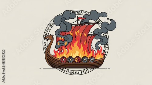 Burning Viking longship with runic circle historical illustration for Norse mythology and adventure 