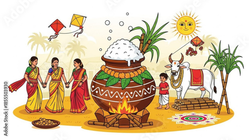 Pongal festival celebration traditional harvest scene with pot sugarcane and people vector illustrat