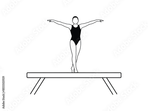 A silhouetted gymnast gracefully balancing on a balance beam in a black leotard