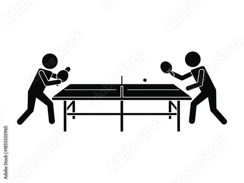 Two stick figures engaged in a competitive game of table tennis focused on the rally
