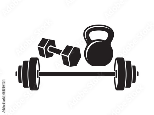 Black and white of fitness equipment with dumbbells and kettlebell barbell weightlifting