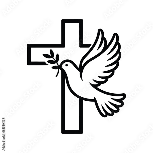 Christian Peace Dove with Olive Branch and Holy Cross Vector Illustration