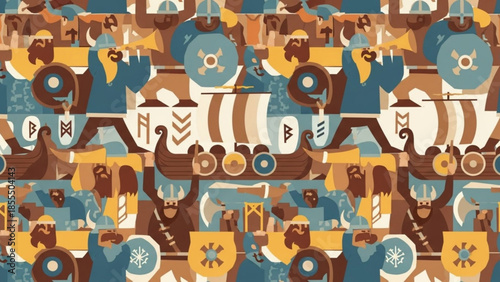 Viking pattern with ships and warriors flat vector illustration for textile and wallpaper design his
