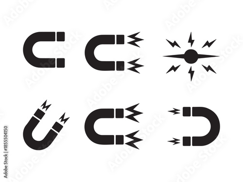 Black horseshoe magnets with lightning bolt energy sparks U shape magnetic field