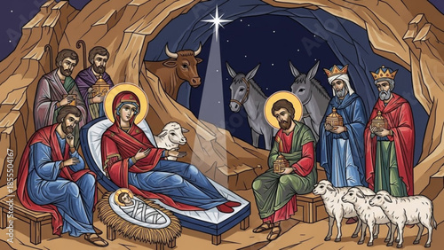 Nativity scene illustration Mary and Joseph with baby Jesus wise men and animals in stable religious