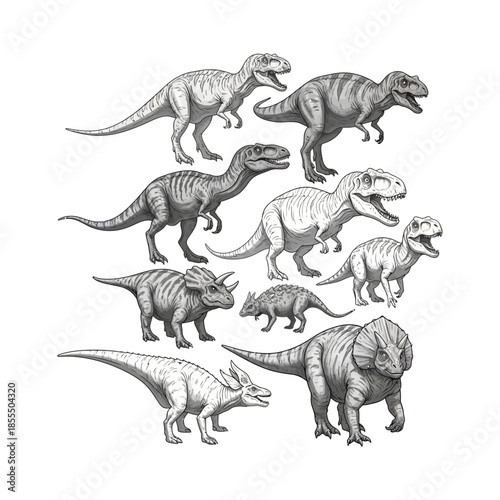 Collection of various dinosaurs in detailed black and white style