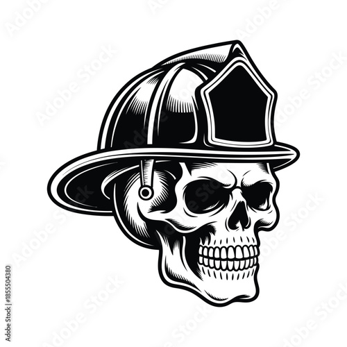 A striking black and white illustration of a skull wearing a firefighter s helmet