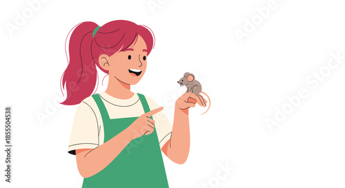 A curious and happy young girl with a pink ponytail holds a small, cute mouse on her hand and points at it.