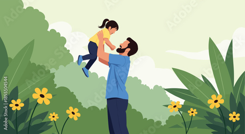 A loving father joyfully lifts his happy young daughter high in the air while standing in a beautiful, sunny park.