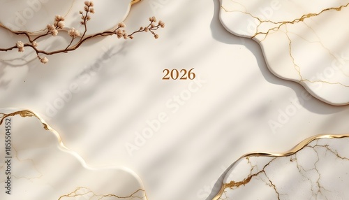 Top down elegant stone card background with layered marble textures gentle side lighting and refined 2026 minimalist modern design composition