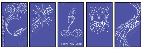 2026 New year card set with fireworks numbers champagne glass clock midnight and celebration text,  invitation, poster, banner, print, card, cards