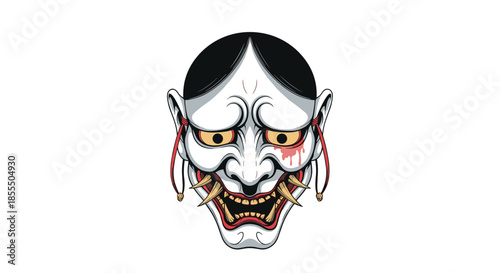 A menacing Japanese Hannya mask, representing a jealous female demon, with sharp fangs, golden eyes, and a sorrowful expression.