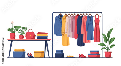 A stylish and organized woman's closet or dressing room with clothes on a rack, shoes, bags, and plants for decoration.