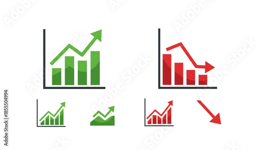 Increase and decrease graph icons vector set with green up and red down arrows isolated on white background