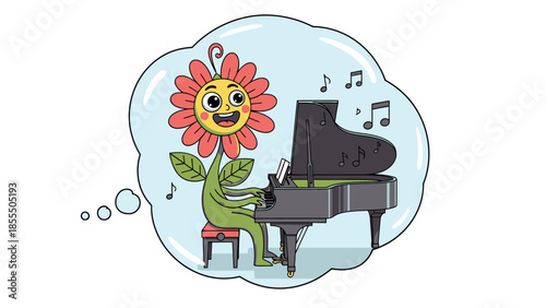 A cartoon flower playing piano with a happy face surrounded by music notes.