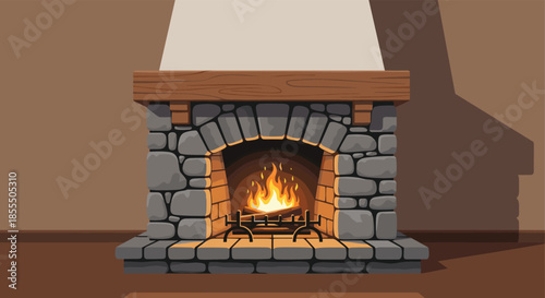 A cozy and inviting stone fireplace with a wooden mantel creates a warm ambiance with a brightly burning fire inside.