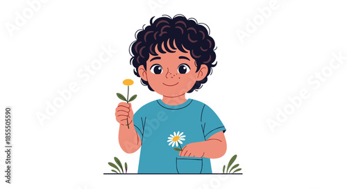 Adorable cartoon illustration of a sweet young boy with dark curly hair and freckles, happily holding a yellow flower while standing in grass.