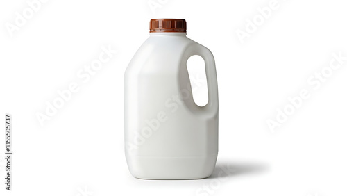 A white plastic milk gallon jug with a brown cap is isolated against a clean, bright studio background.