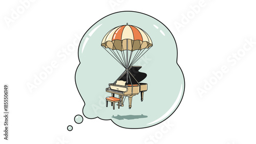 A cartoon illustration of a grand piano floating with a parachute inside a thought bubble.