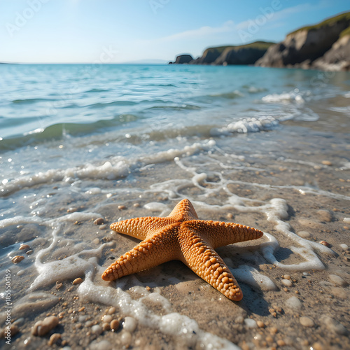Starfish on a Sandy Beach with Gentle Ocean Waves and Blue Sky