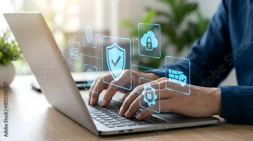 Foto Professional,user,logging,into,secure,system,on,laptop,with,biometric,fingerprint,and,firewall,protection,shield,icons,representing,data,privacy,and,advanced,network,security,infrastructure