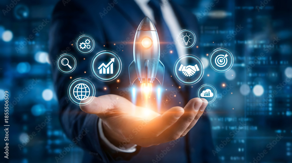 Fototapeta premium Businessman,launching,a,digital,rocket,from,his,hand,surrounded,by,innovation,and,growth,symbols,visualizing,successful,startup,launch,business,expansion,and,attaining,ambitious,corporate,goals.