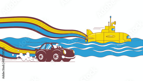 Oil spill cleanup operation with tanker truck and ship.