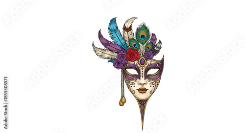 An exquisite and ornate Venetian carnival mask decorated with peacock feathers, roses, and intricate details for a masquerade ball or festival.