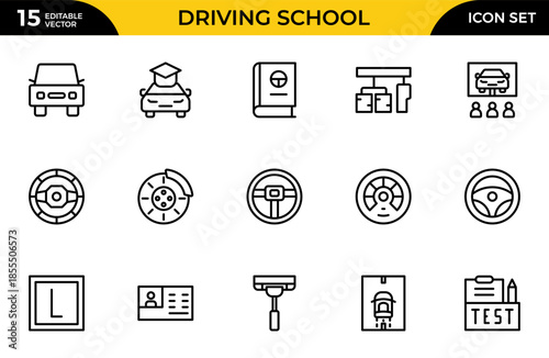 Driving School  web icons in line style Cars, Traffic, Education, and Transportation. Thin outline icons pack. Vector illustration