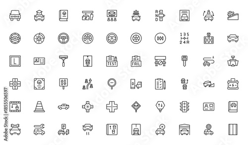 Set of 60 Driving School  web icons in line style Cars, Traffic, Education, and Transportation. Thin outline icons pack. Vector illustration