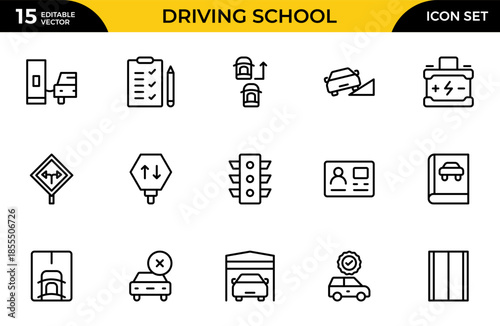 Driving School  web icons in line style Cars, Traffic, Education, and Transportation. Thin outline icons pack. Vector illustration
