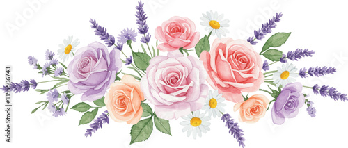 Watercolor floral bouquet with pink and purple roses, white daisies, and lavender sprigs.