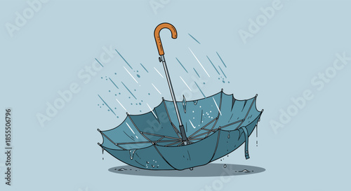 A humorous and relatable illustration of a broken blue umbrella turned upside down by strong wind and rain, depicting a classic rainy day mishap.