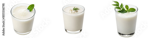 Three glasses of buttermilk with mint and dill on a plain setting showcasing a refreshing beverage on transparent background