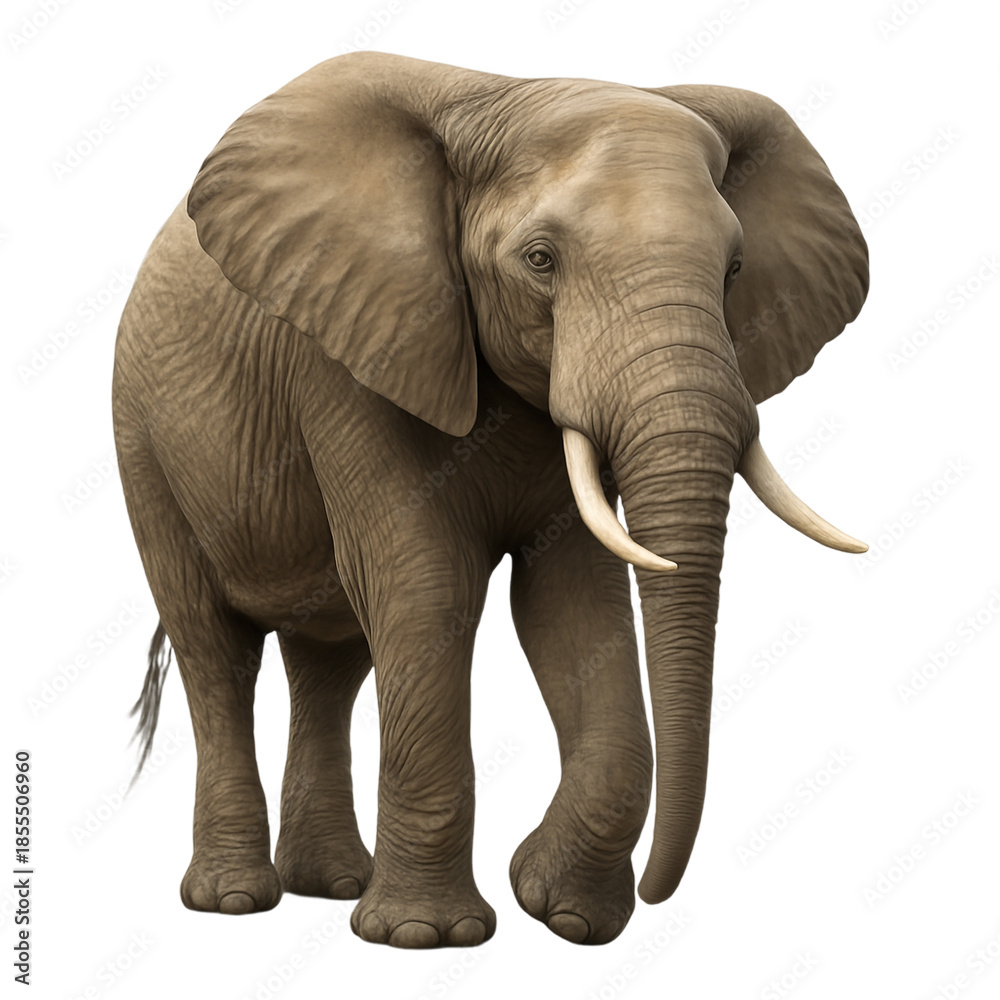 Fototapeta premium African Elephant Standing on White Background – Symbol of Strength and Wisdom