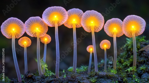 Delicate luminous spores of fungi glowing with an otherworldly light in the dark forest