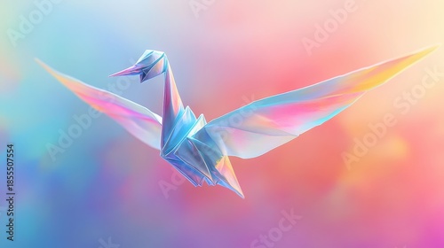 Delicate translucent resin origami crane with iridescent colors against a soft pastel gradient background