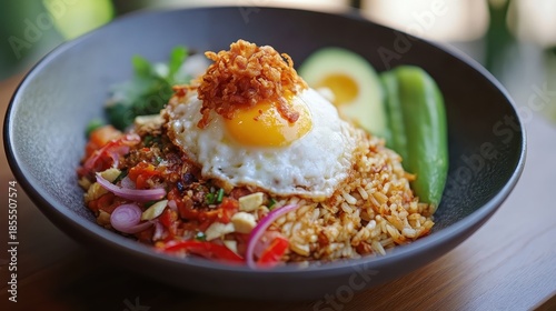 Delicious Indonesian Nasi Goreng with a fried egg and garnish