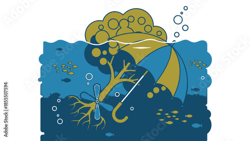 Stylized illustration of an umbrella and a tree root partially submerged in blue water with fish and bubbles, under a cloud.
