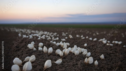 Dried seed pods scattered across a field during dusk