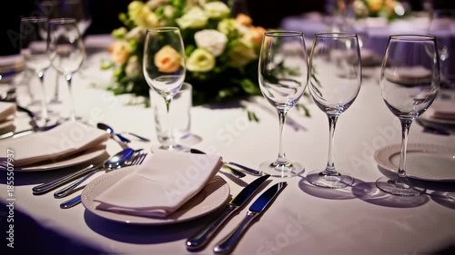 Elegantly decorated event table with crystal glasses and floral centerpiece