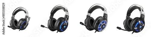 Set of Gaming Headphones with Blue LED Lighting and Microphone, Oil Paint Style, Isolated on Transparent Background, PNG